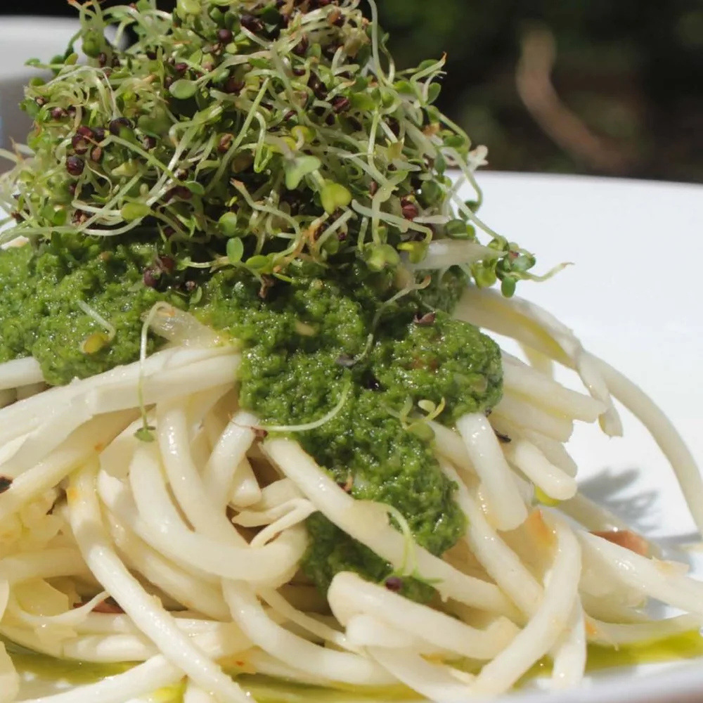 Tallarín de palmito con pesto de berro y germinados de berro