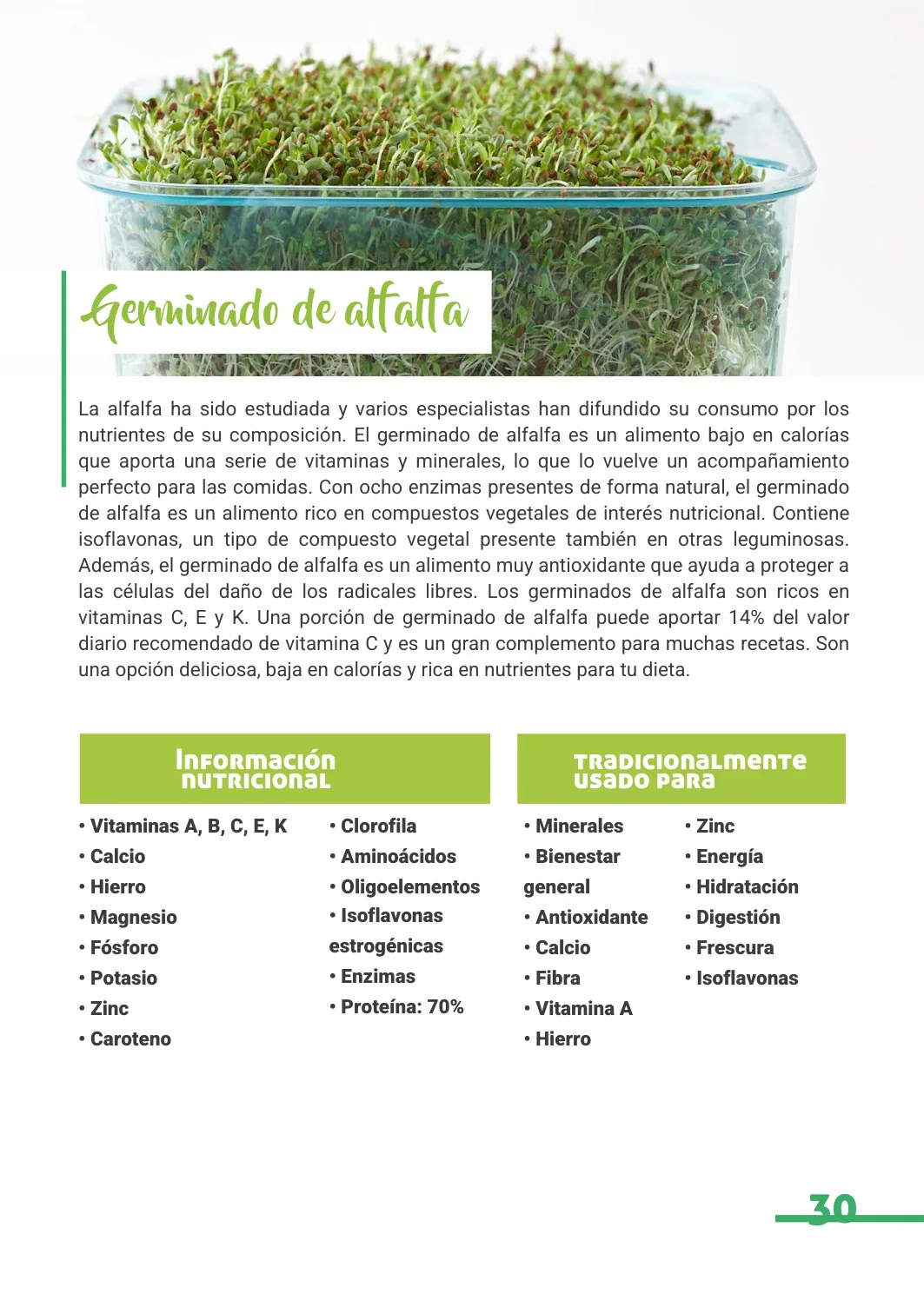 Ficha nutricional del germinado de alfalfa, con sus vitaminas y minerales