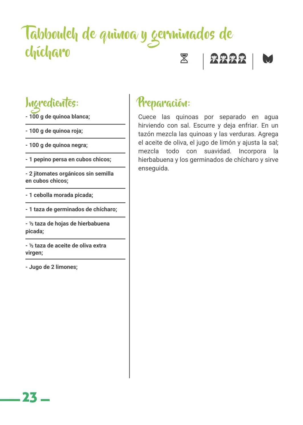 Página de la guía con la receta del tabbouleh de quinoa y germinados de chícharo